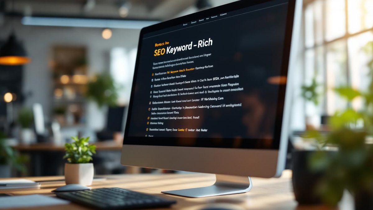 Close-up of a computer screen showing a well-designed website footer with keyword-rich links in a bright office setting.