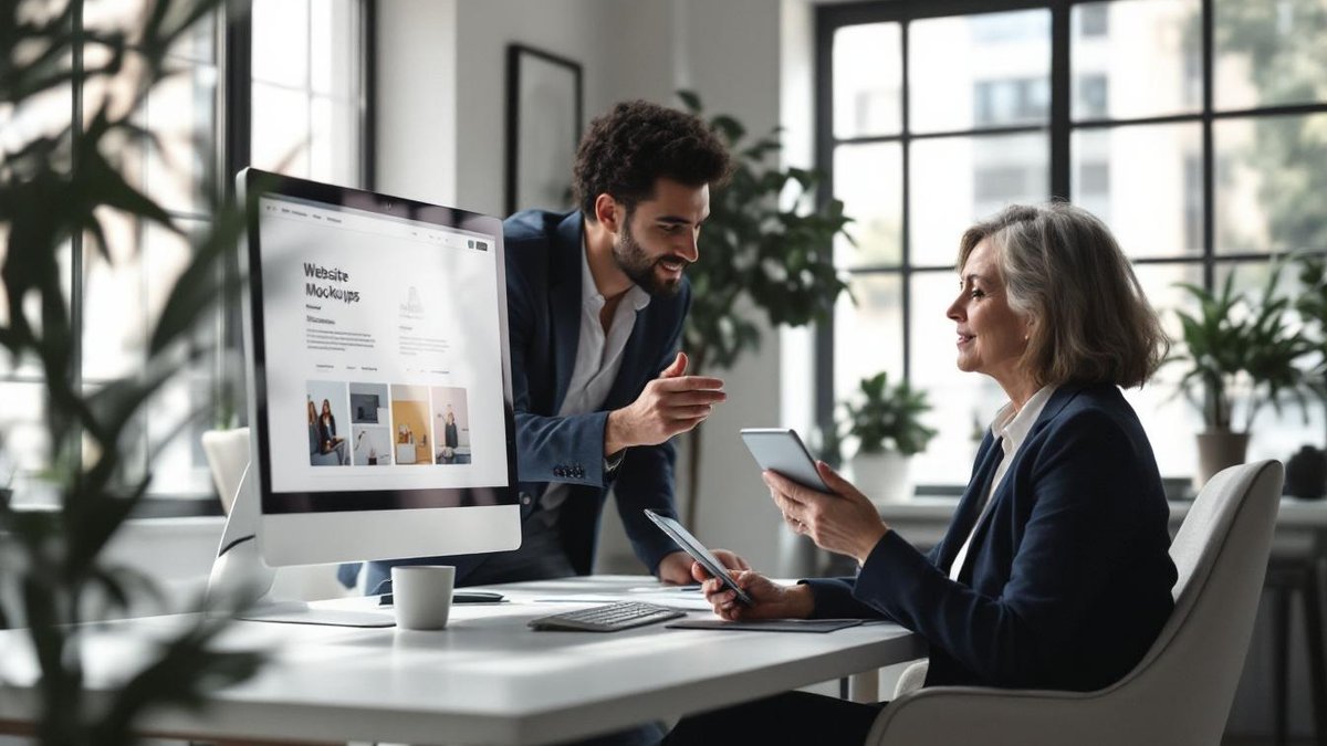 Web designer and business owner discussing website development in a modern office