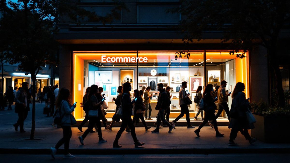 Houston ecommerce store at dusk with shoppers, ecommerce website optimization