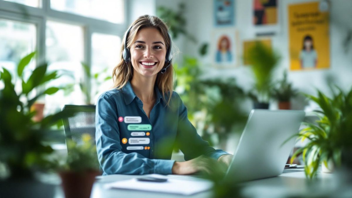 Customer service representative assisting a customer via live chat in a modern office.