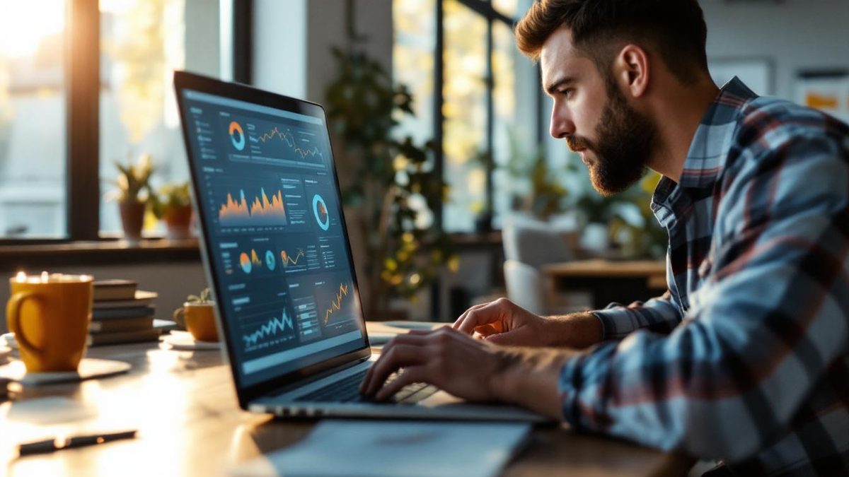 Business analyst interpreting data analytics in a modern office setting.