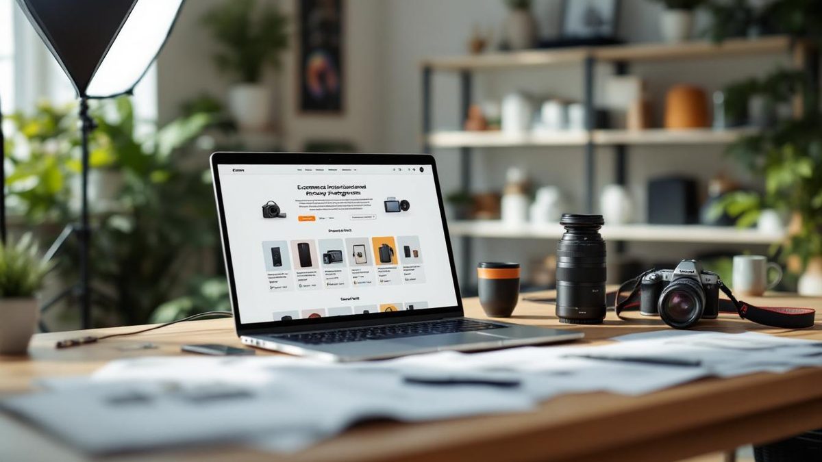 A workspace with a laptop showcasing an e-commerce site, product images, and specifications.