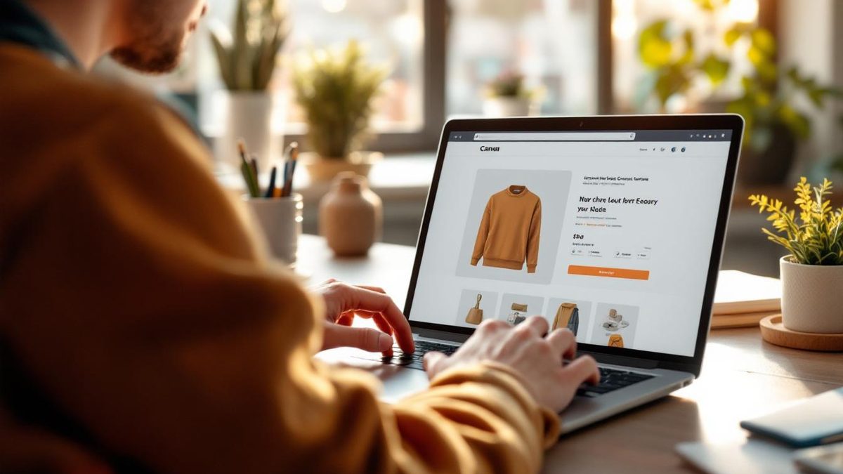 User engaging with a clean e-commerce website layout on a laptop.