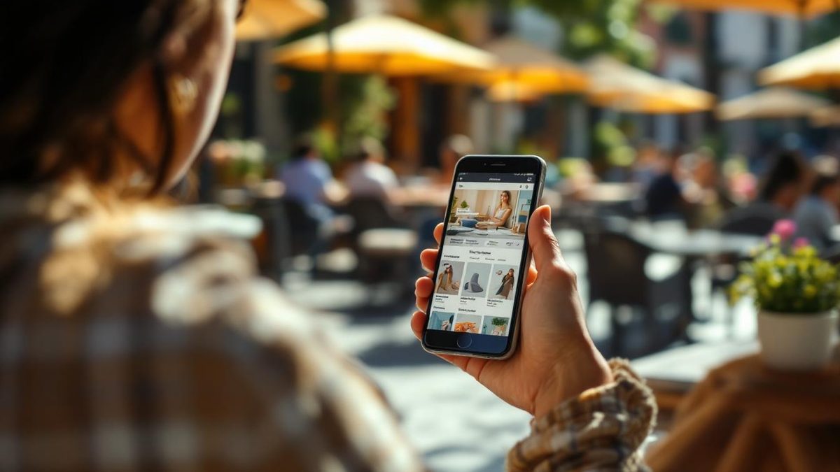 Person using a smartphone to shop online at a cafe, demonstrating mobile optimization.