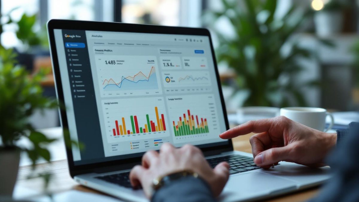Laptop displaying Google Analytics dashboard in a modern office setting.