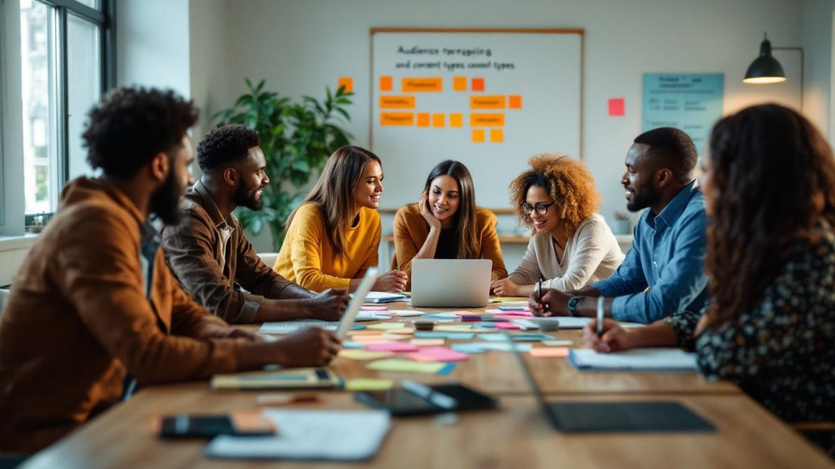 Professionals collaborating on a content strategy in a modern office setting.