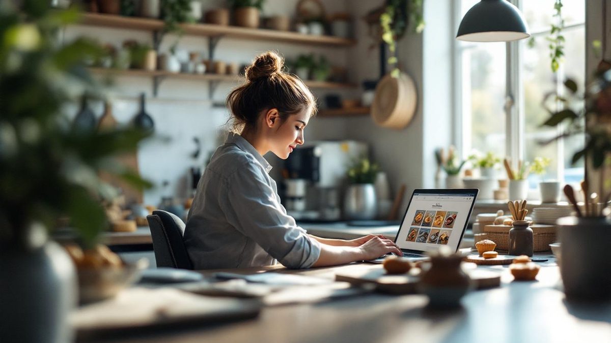 A small bakery owner updating their website using a content management system on a laptop in a bright office.