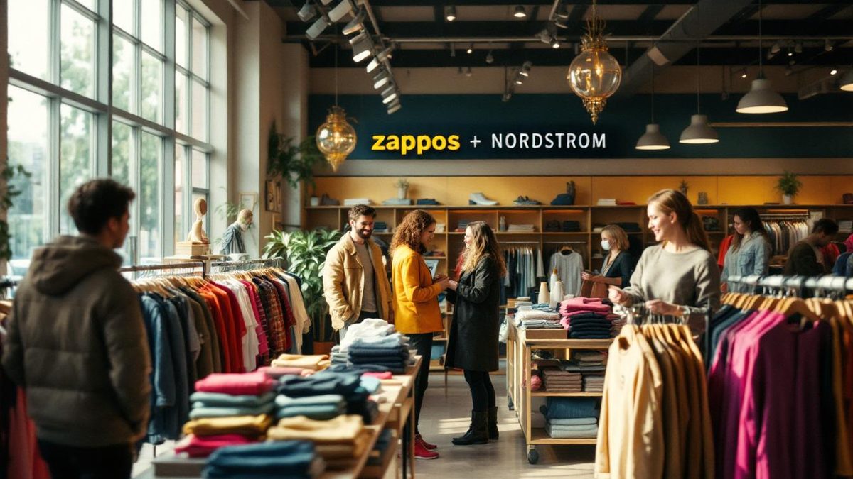 Retail store interior featuring Zappos and Nordstrom displays with customers engaged in shopping.