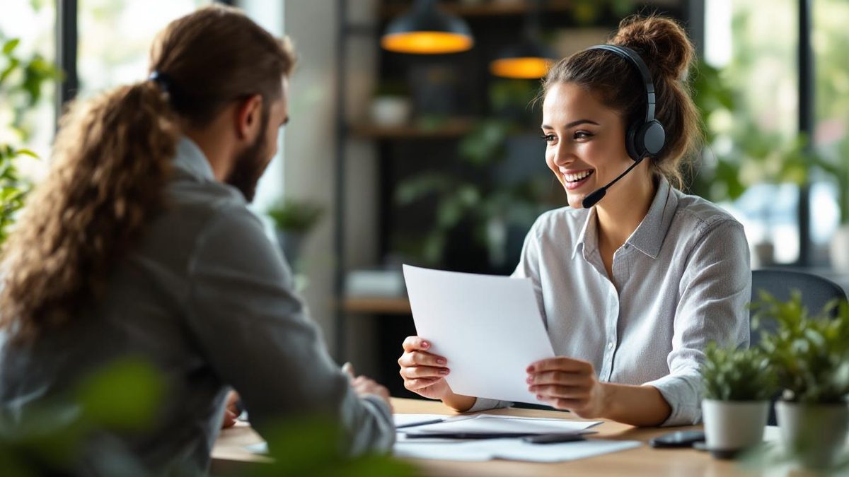 Customer service representative explaining a return policy to a satisfied customer in a bright office.