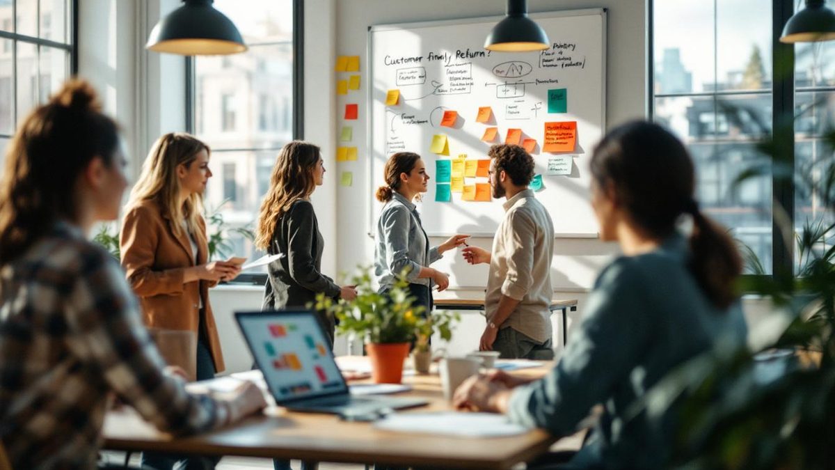 Marketing team discussing returns policy integration in a bright office.