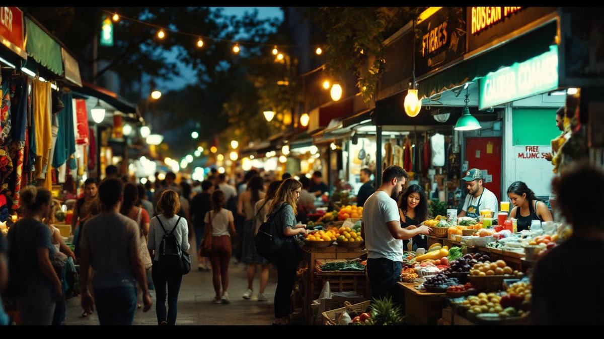Houston street market at dusk with vibrant stalls and brand conversion focus