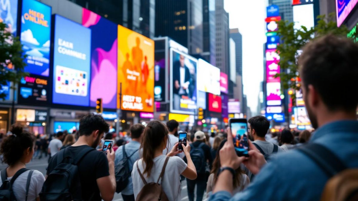 A diverse group of people interacting with technology in a busy urban setting, representing a strong online presence.