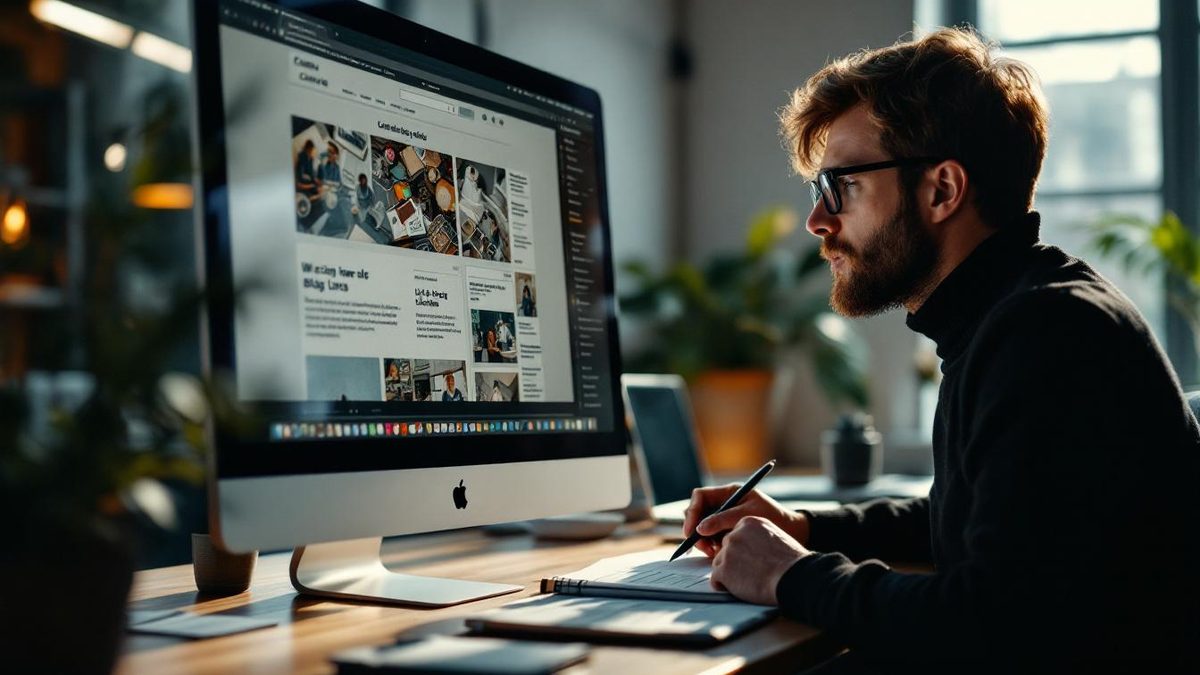 A person reviewing outdated website content in a modern office.
