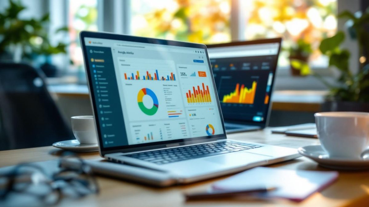 Laptop displaying Google Analytics dashboard with graphs and charts in a bright office setting.