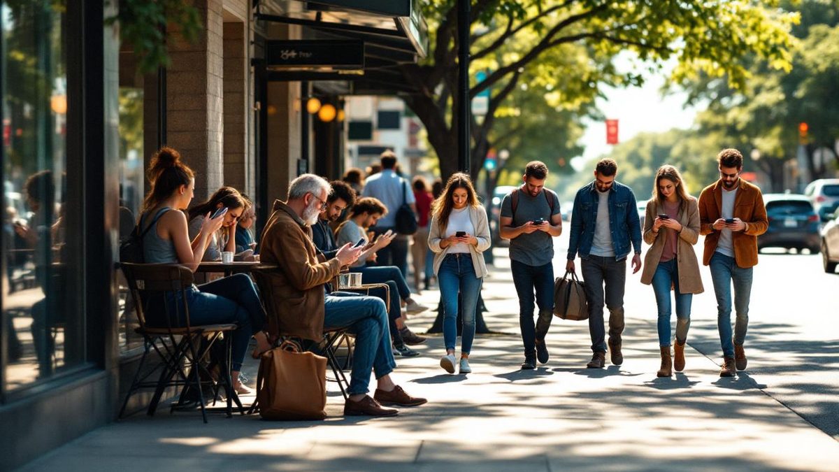 People in Houston engaging with mobile devices on a busy street, highlighting the significance of mobile optimization in