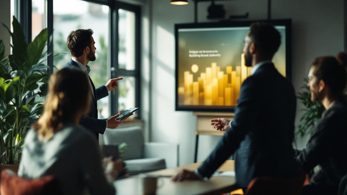 A business professional presenting quality content to colleagues in a modern office, emphasizing brand authority.