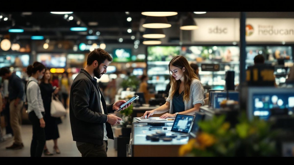 Customer engaging with a tablet in a Houston retail store, highlighting omnichannel shopping experience.