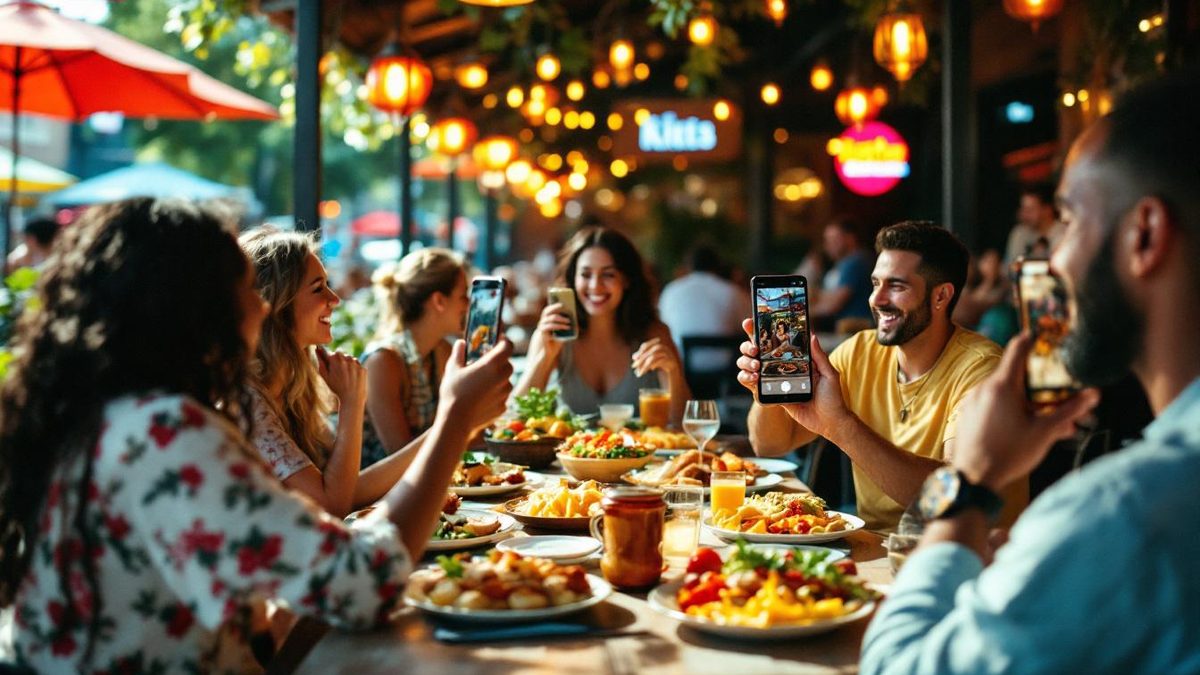 Diners at a Houston restaurant sharing their experiences on social media, showcasing user-generated content.