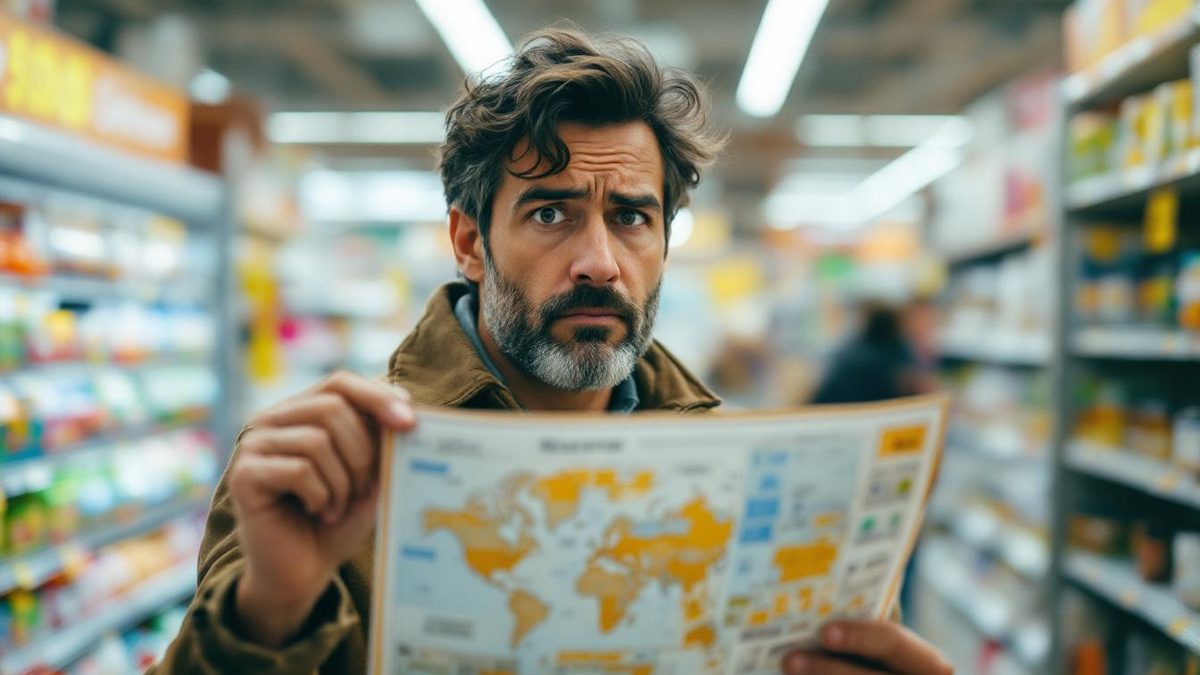 A confused shopper struggling to navigate a complicated store layout.