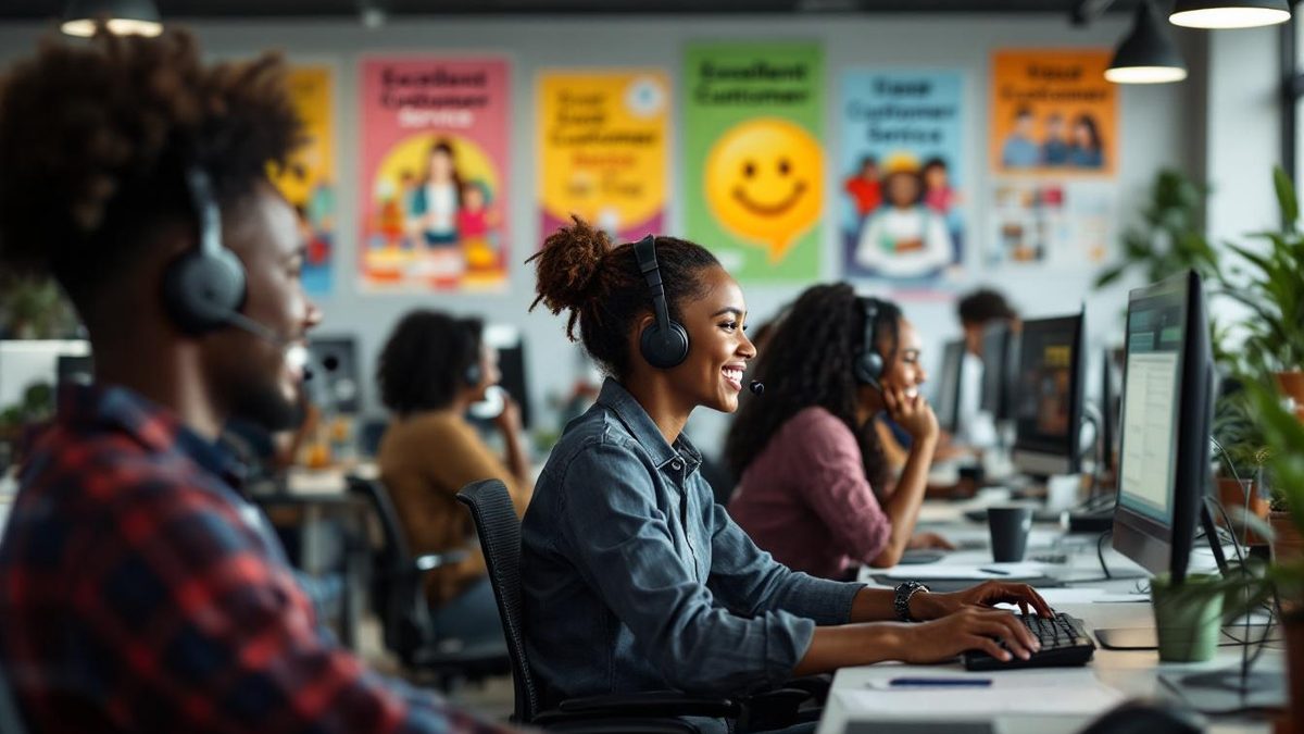 Customer service representatives providing support in a vibrant office setting.