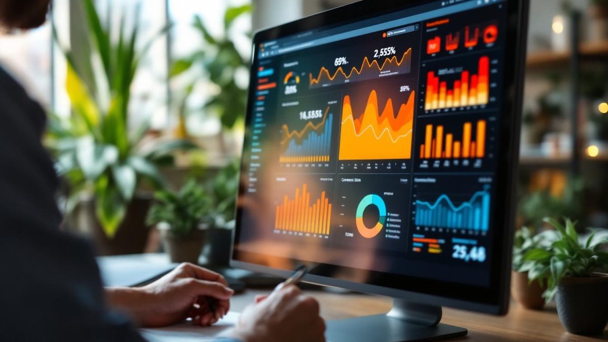 A person analyzing website analytics on a computer screen in a bright office.