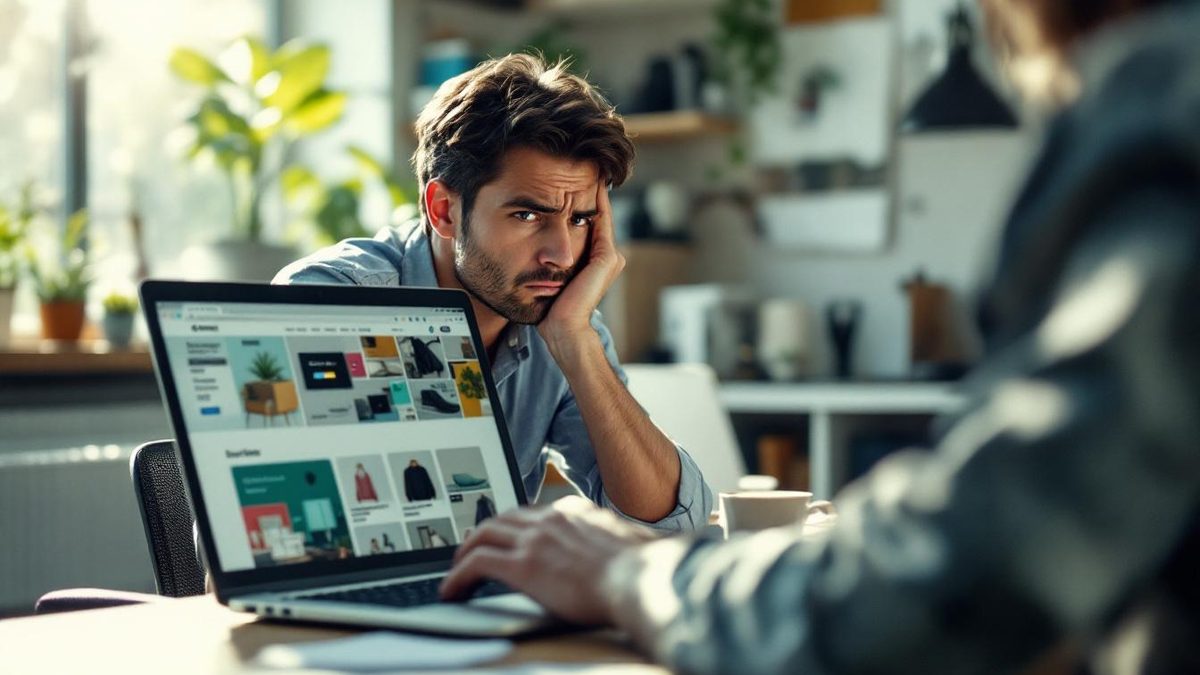 Frustrated shopper dealing with a poor website experience on a laptop.