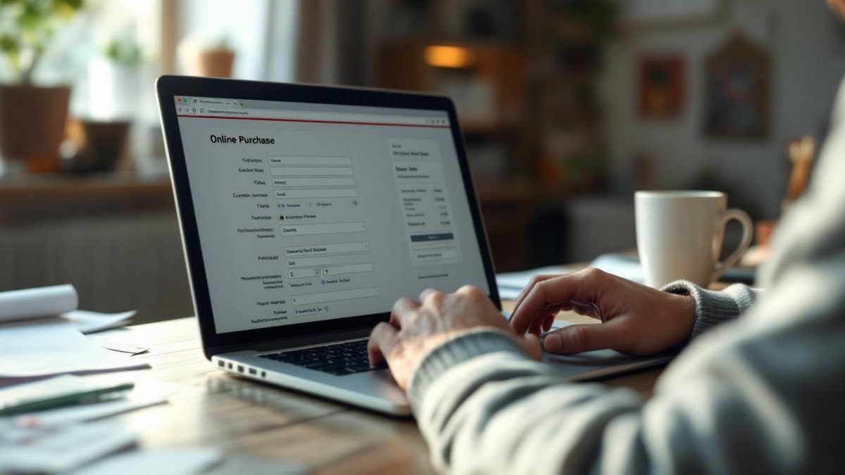 Frustrated shopper struggling with a complicated online checkout process on a laptop.