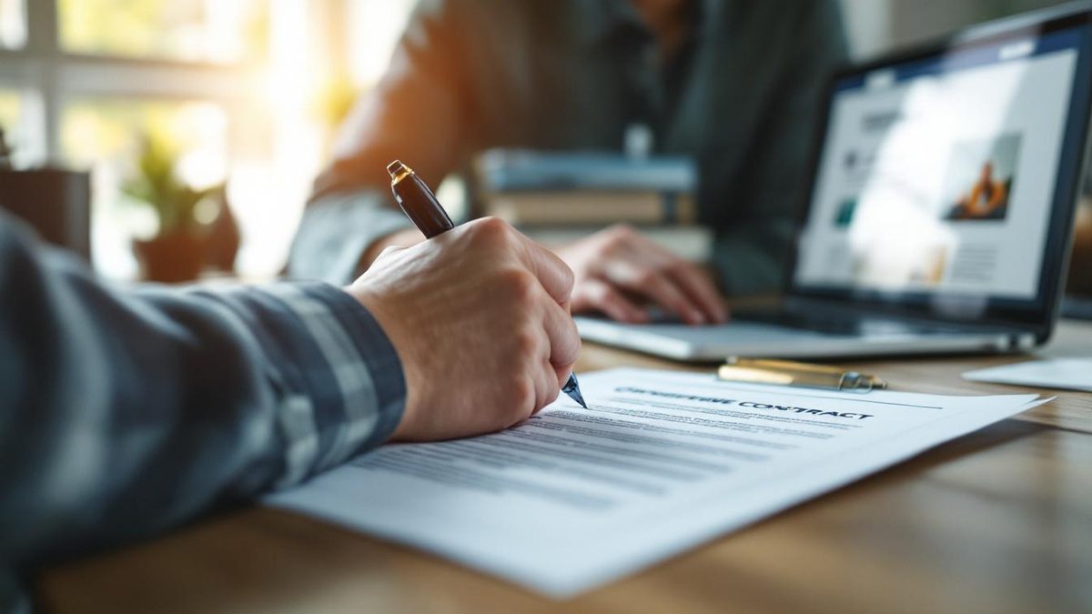 A person signing a contract regarding website ownership with a laptop showing a design in the background.