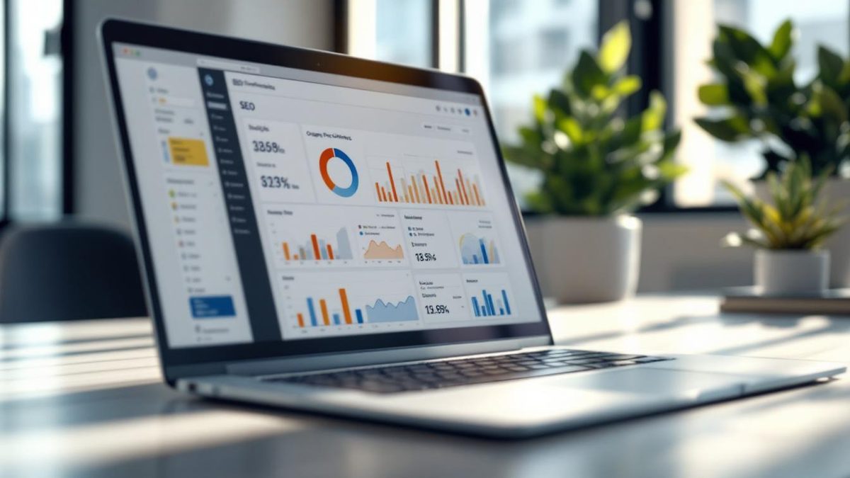 Laptop screen showing SEO metrics in a bright office setting.