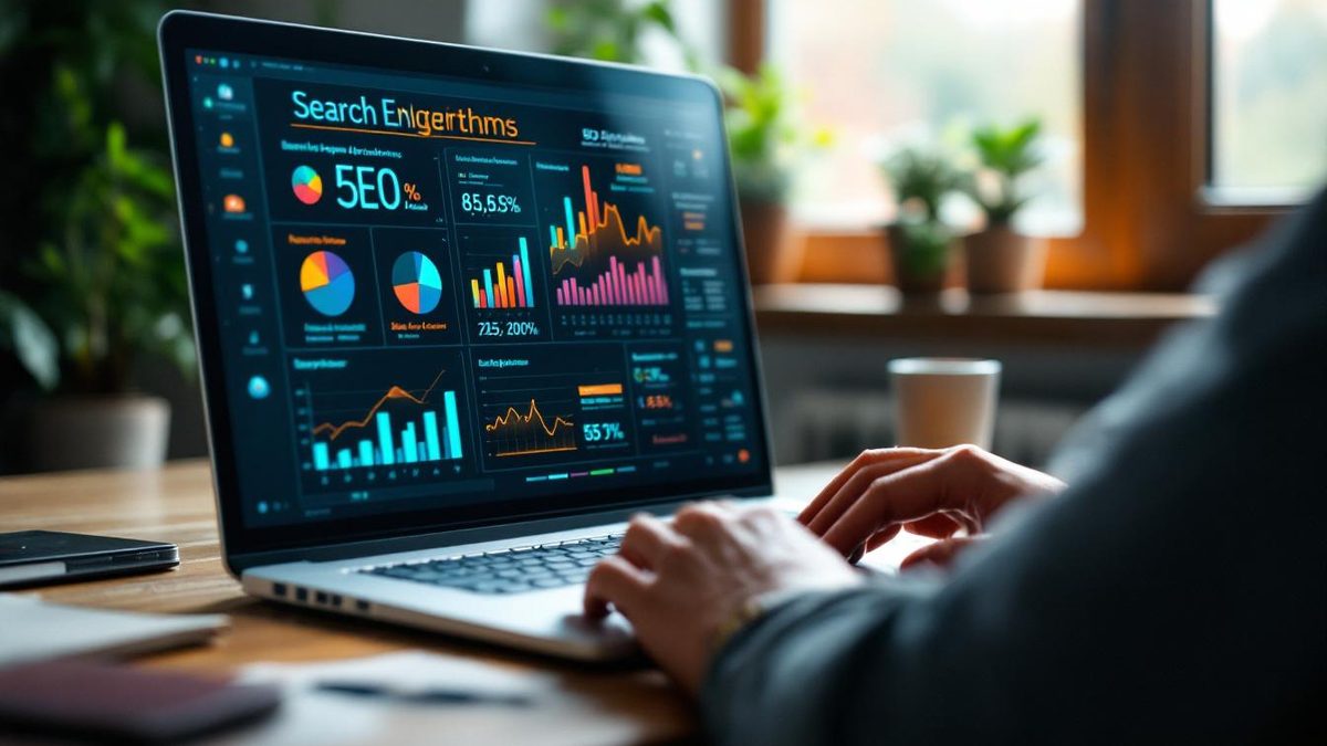 Person analyzing search engine algorithms on a laptop, with an infographic on SEO signals.