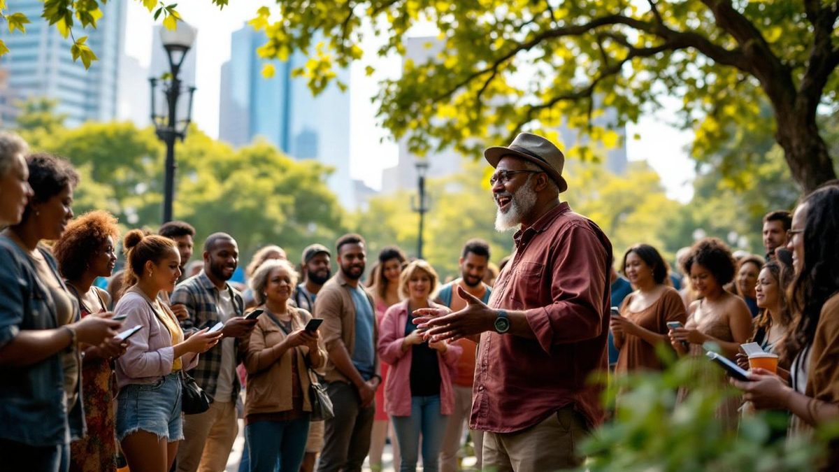 A community storytelling event in Houston with diverse attendees engaged and listening.