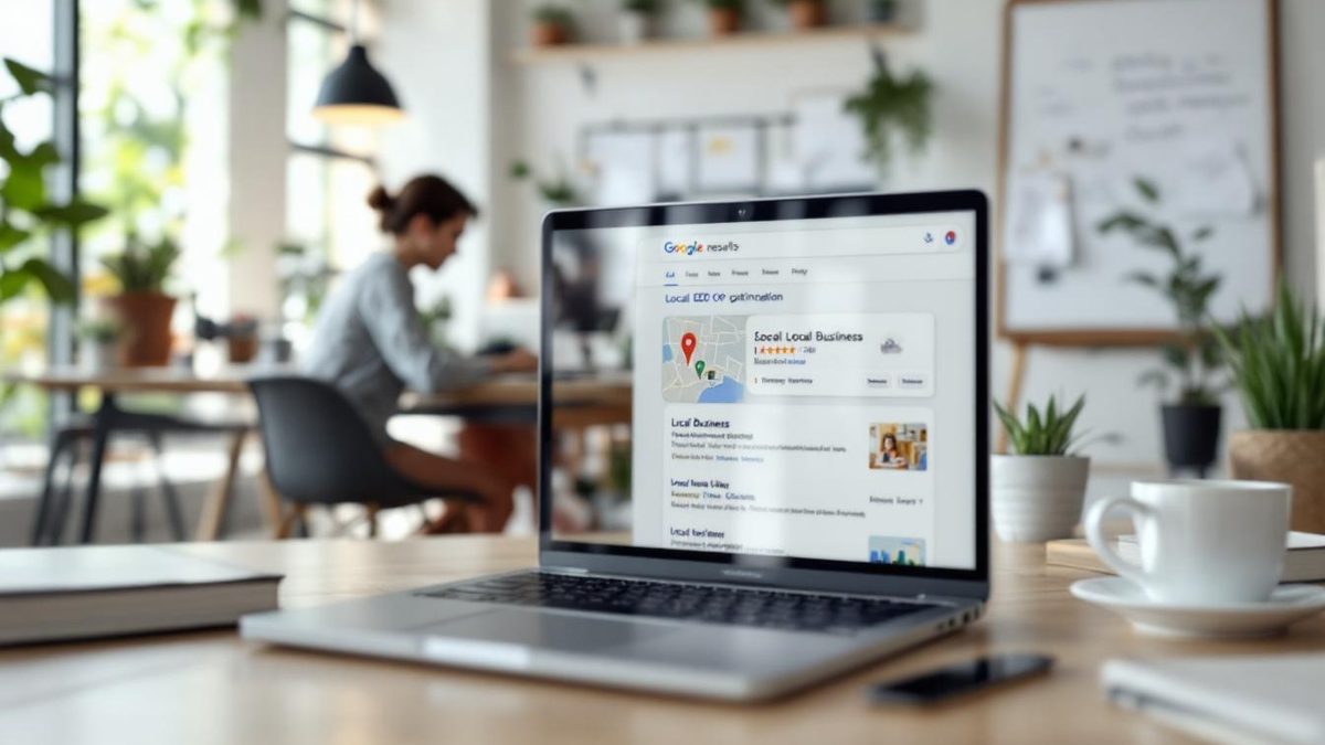 A laptop screen showing Google search results with a local business highlighted, in a bright office setting.