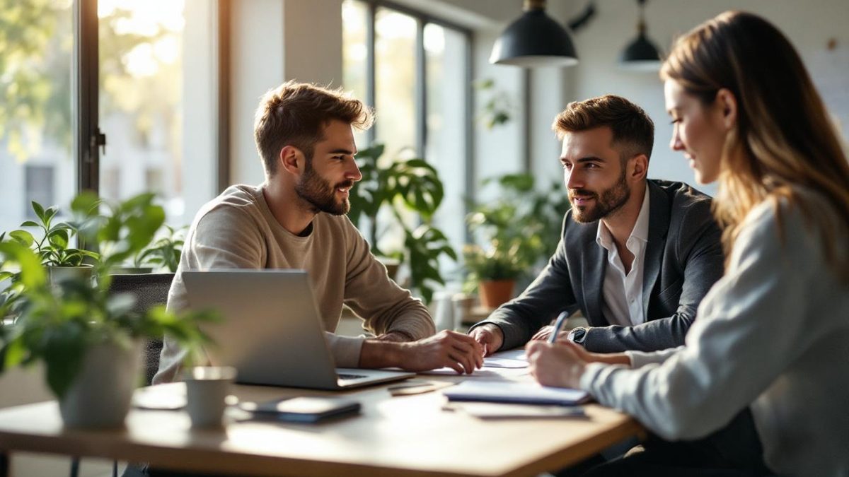 Web designer and business owner discussing professional web design in a modern office.