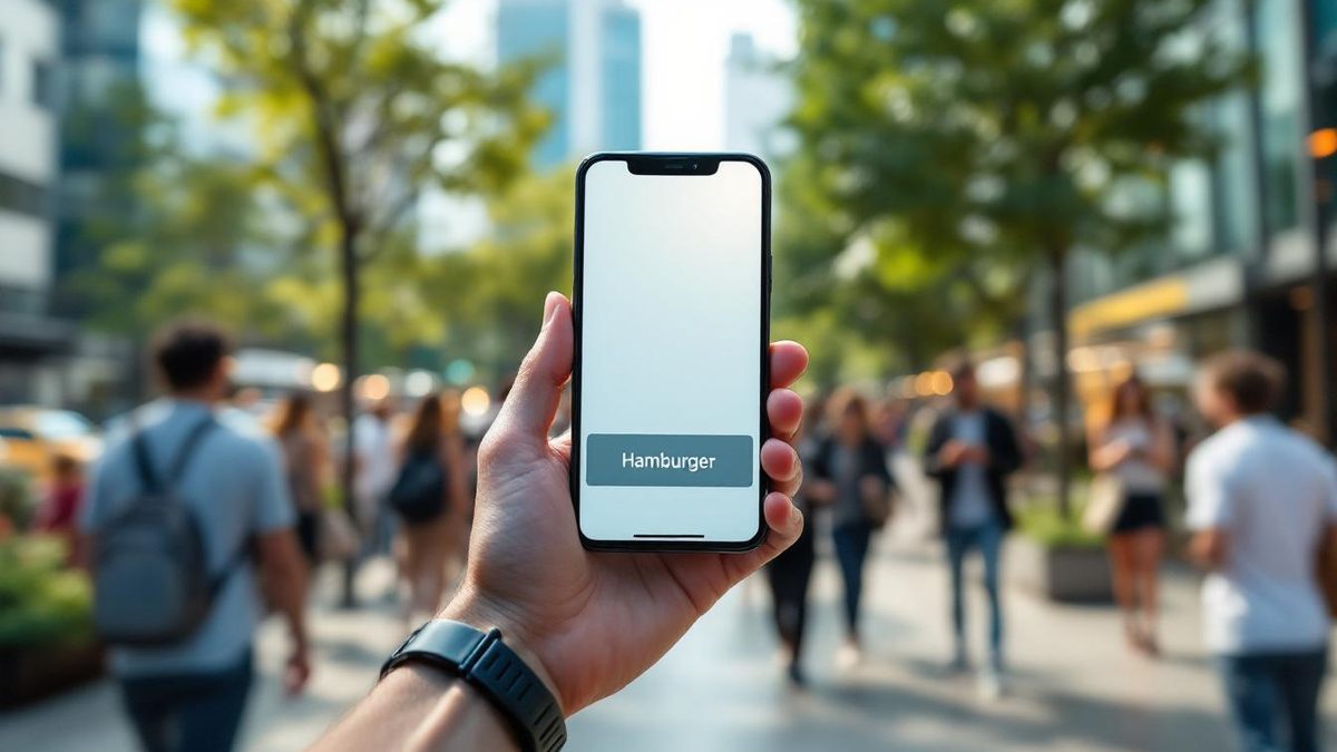 Smartphone displaying a responsive website with a hamburger menu in an urban setting.
