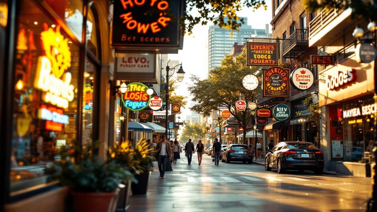 Houston street with diverse company logos, company logo design inspiration