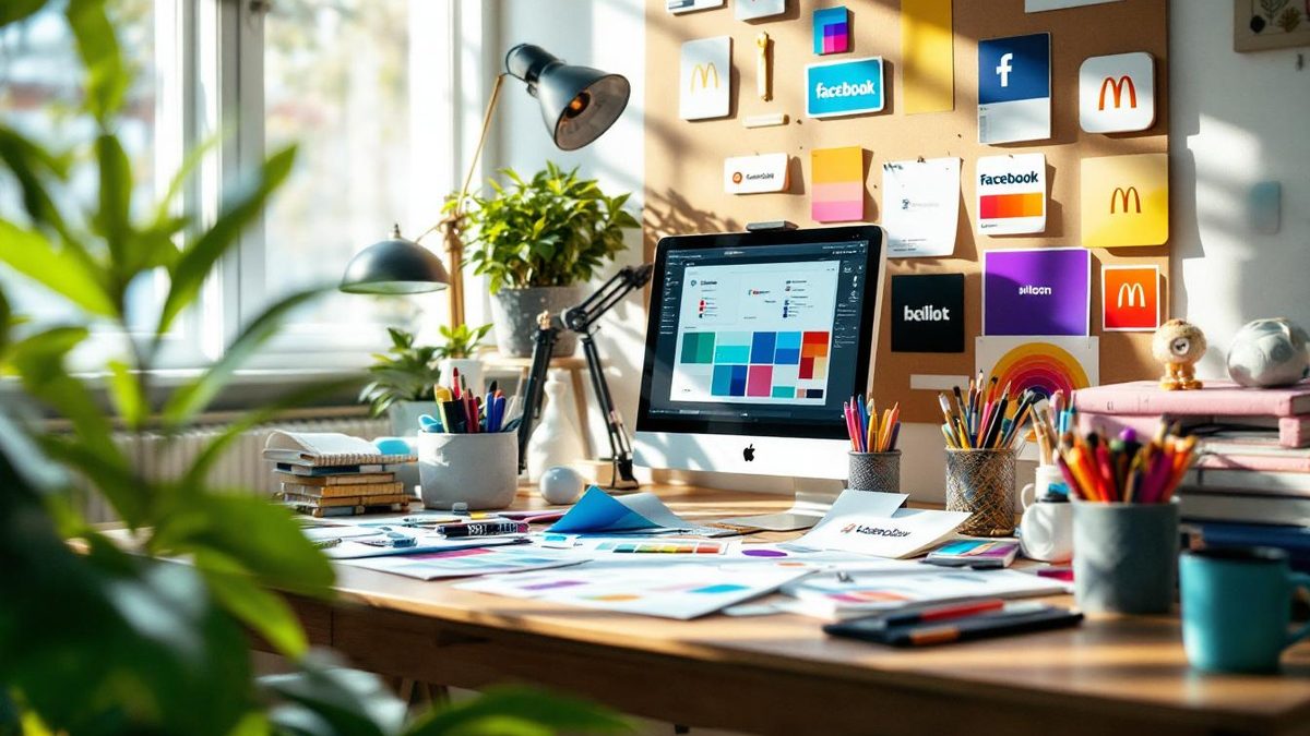 Designer workspace showcasing color swatches and logo sketches related to color psychology in logo design.