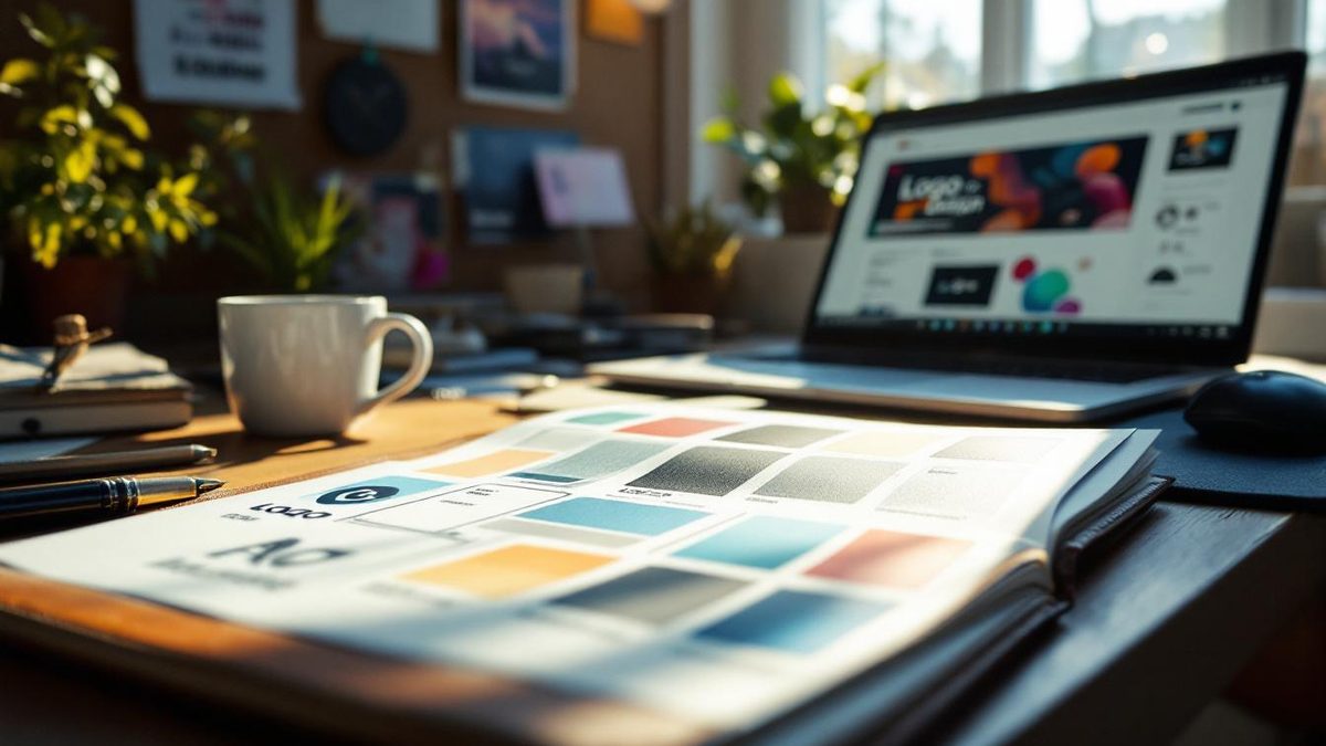 Designer workspace with logo sketches and design tools.