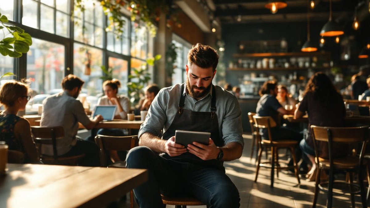 Houston café manager using tablet for customer review management