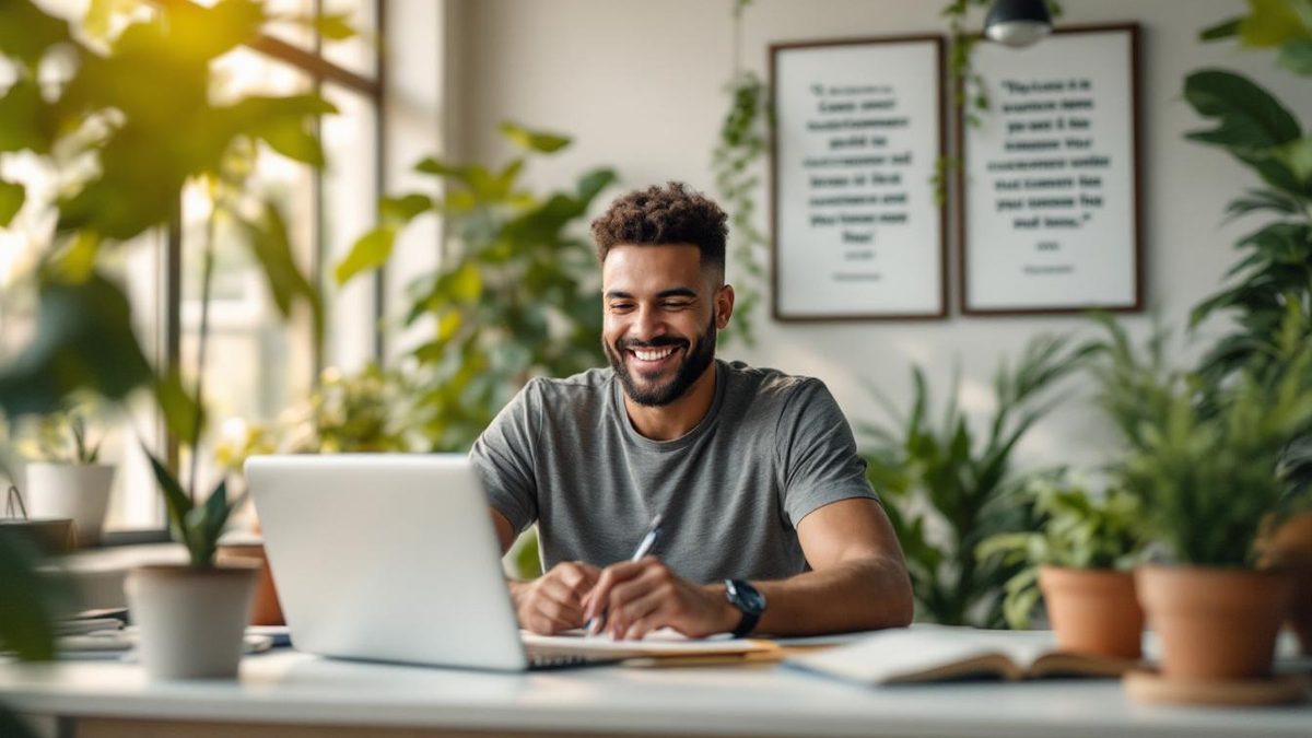 Business owner engaging with customer reviews, showcasing transparency and trust in an open office.