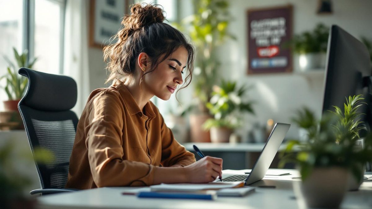 Business owner managing online reviews on a laptop in a bright office.