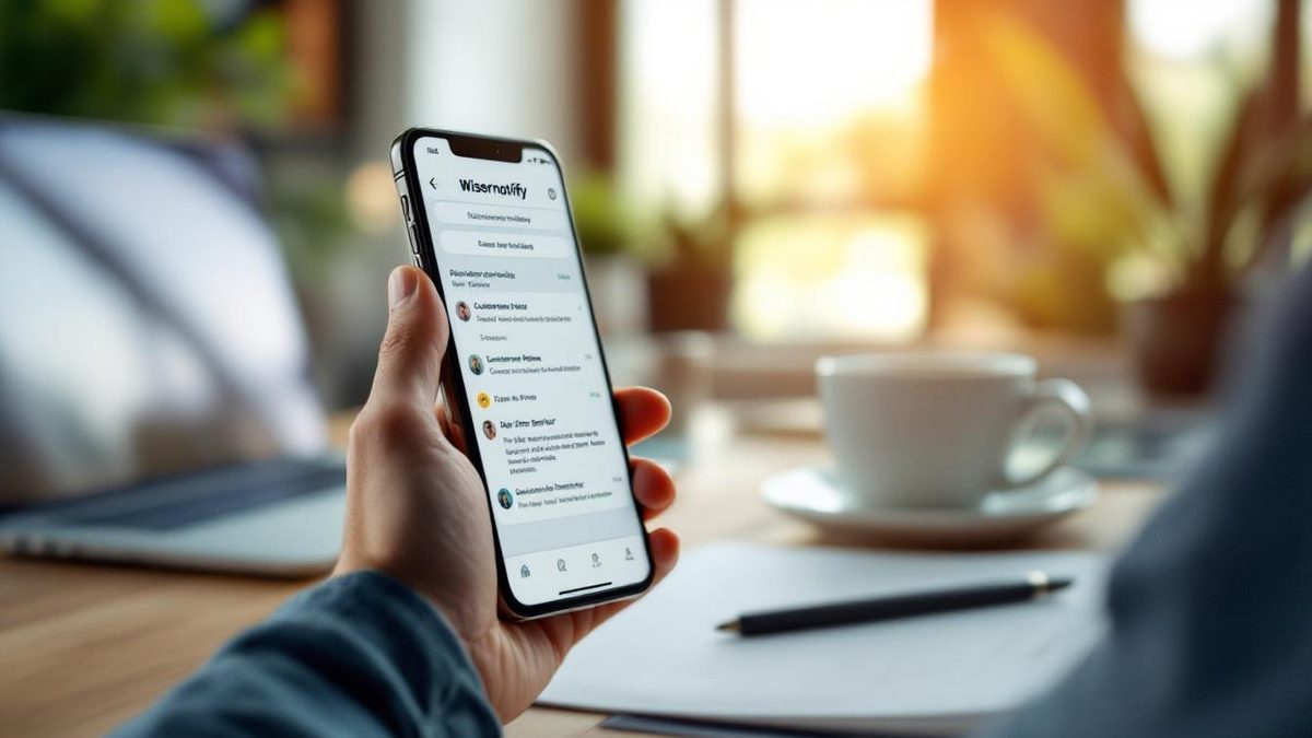 Smartphone displaying Wisernotify app notifications in a bright office setting.