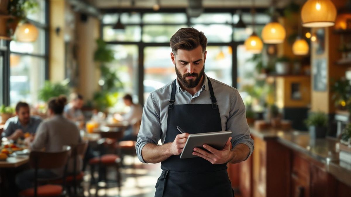 Restaurant manager engaging with negative reviews on a tablet in a bright dining area.