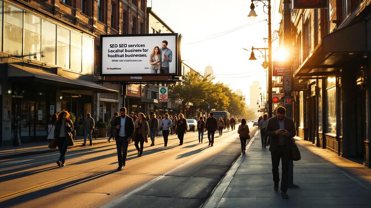 Houston street with small businesses, people using smartphones, SEO focus