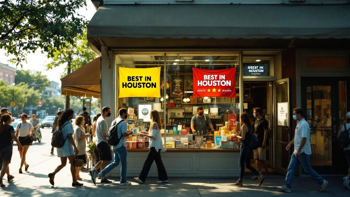 A small business in Houston with a 'Best in Houston' sign, attracting customers and showcasing brand awareness.