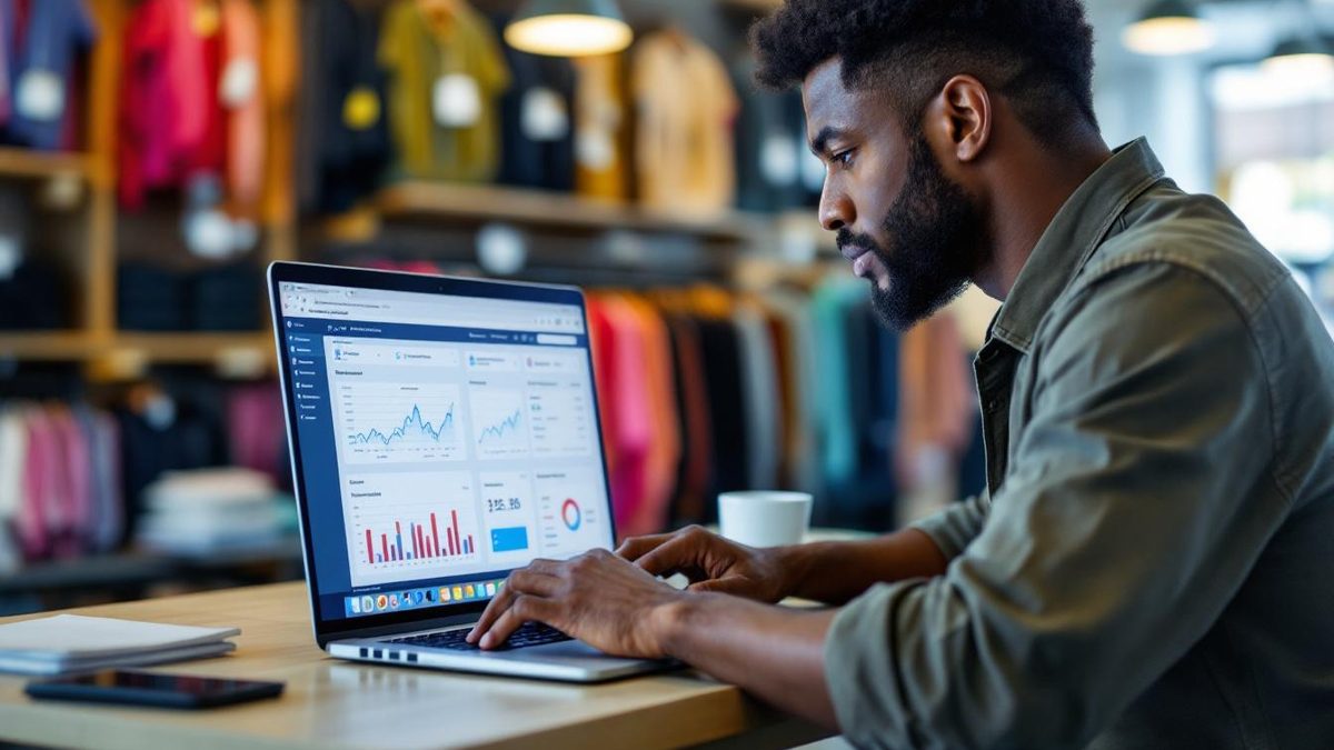 Small business owner analyzing audience data on a laptop in a Houston clothing store.