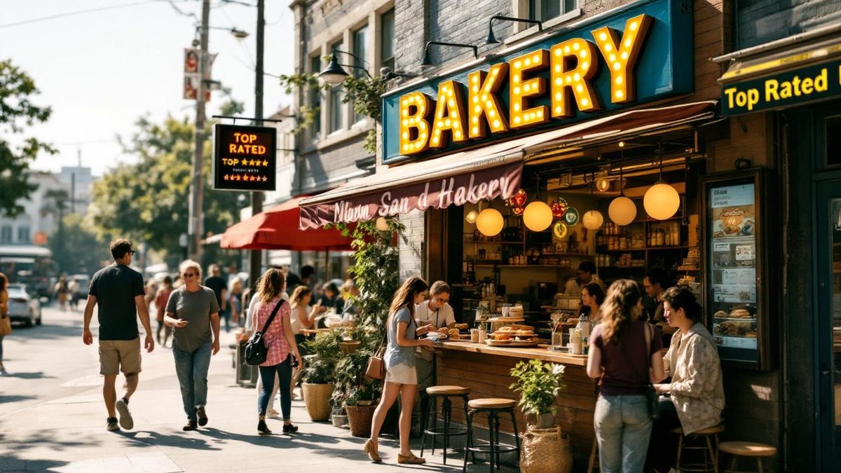 A busy Houston bakery attracting customers, illustrating increased visibility and traffic.