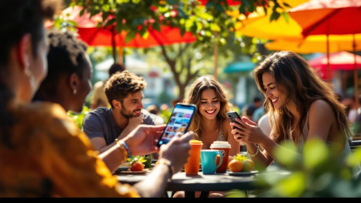 Young adults at a café sharing social media content on their mobile devices.
