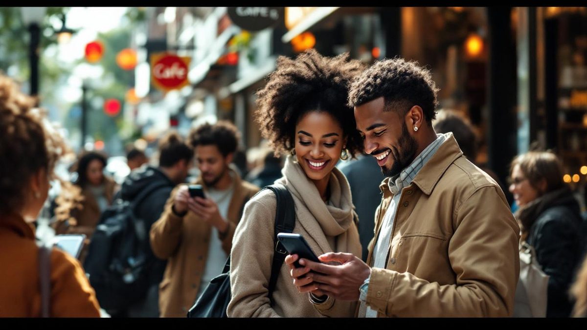 People using smartphones to search for local businesses on a busy city street.