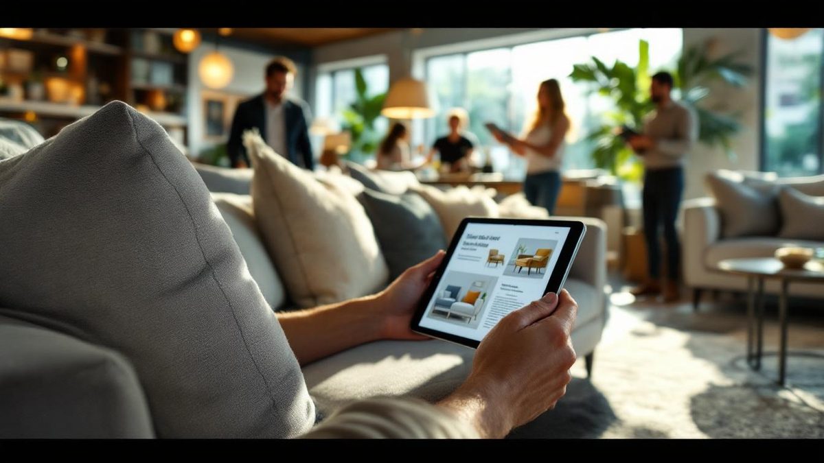Furniture showroom with detailed product descriptions and images on a tablet.