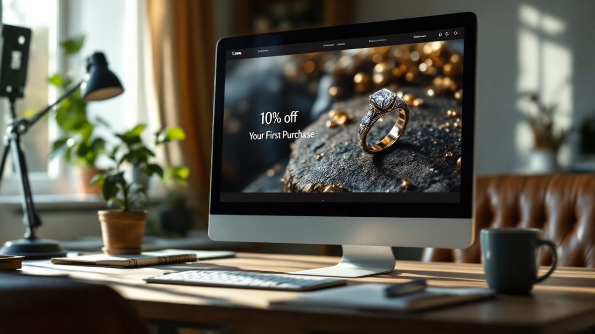 Close-up of an exit-intent popup on a computer screen for a jewelry store offering a discount.